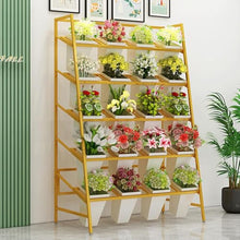 LLHBBSHYYDM 4-Tier Mobile Flower Display Stand with Wheels, Heavy Duty Metal Plant Cart for Florist Shop(Gold shelf+5 layers 20 barrels)