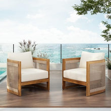 Merax Acacia Wood Outdoor Club Chair Set of 2,Woven Rope Accents Design,Wooden Patio Accent Chair Set,Comfy Reading Seat with Removable Cushion,Patio Furniture Set,Beige+Teak