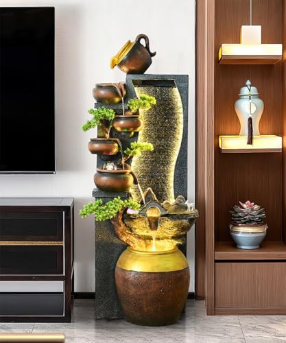 Rustic Pot Cascade Water Fountain with LED Lights – Indoor/Outdoor Decorative Waterfall Feature for Home and Garden(A Small)