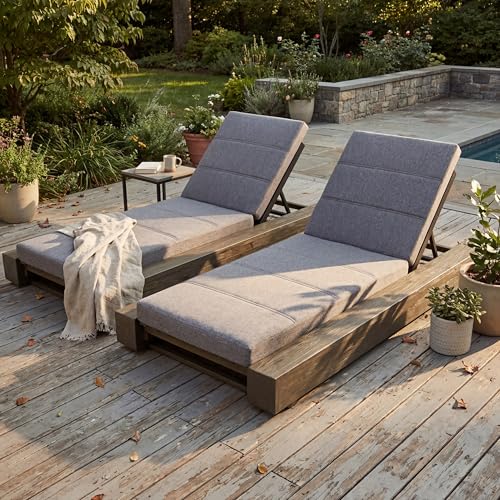 Christopher Knight Home Tory Acacia Wood Chaise Lounge Chair Outdoor Set of 2, Poolside Sun Lounger Recliner, Patio Outdoor Chaise Lounge with Cushions, Adjustable Backrest Single Lounge Sofa, Grey