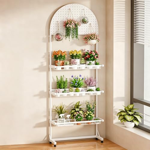 3 Tier Metal Plant Stand With Pegboard, Floor Display Rack For Indoor