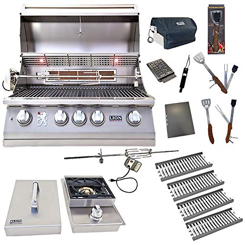 Lion Premium Grills 32-Inch Natural Gas Grill L75000 with 4 Ceramic Tubes w/ Flame Tray and Single Side Burner and 5 in 1 BBQ Tool Set Best of Backyard Gourmet Package Deal