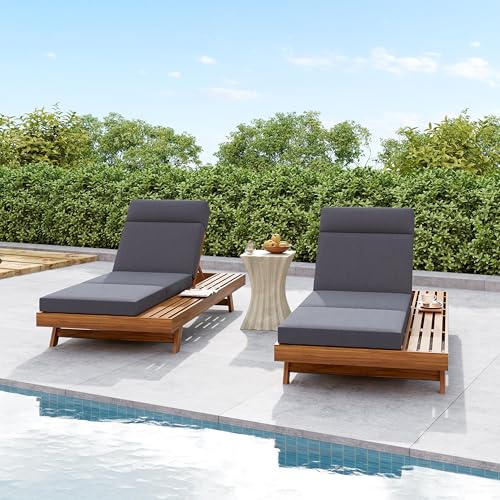 Christopher Knight Home Kayes Acacia Wood Chaise Lounge Chair Outdoor Set of 2, Poolside Sun Lounger Recliner, Patio Outdoor Chaise Lounge with 4'' Four-Folds Cushion, Teak+Dark Gray