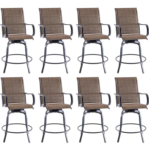 Patio Swivel Bar Stools Set of 8，All-Weather Outdoor High Bistro Stools with Textilene Fabric for Outside, Beach, Lawn, Poolside and Garden (Black/Chestnut)