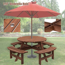 Sturdy Outdoor Picnic Table with Integrated Benches for Backyard, Patio, Garden and Camping Use – Rust-Resistant Steel Frame & Weatherproof Wood Composite Top (NEW 8-Person Wooden Round Table Brown)