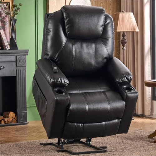UOPYNE Power Lift Recliner Chair for Elderly, PU Faux Leather Living Room Electric Recliner with Massage and Heat, Infinite Position Lay Flat Sleeping Sofa with USB Port, Black