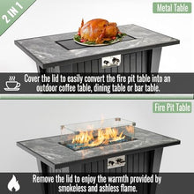 42" Propane Gas Fire Pit Table 50000 BTU Rectangular Outdoor Fire Pit with Marble Tile Tabletop Glass Wind Guard, Steel Patio Fire Table & Lid, Blue Glass Beads & Rain Cover for Backyard Garden, Gray
