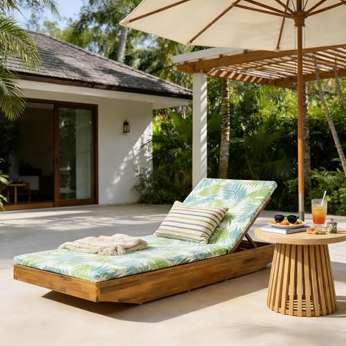 AODSHA Acacia Wood Chaise Lounge Chair, Recliner Lounger with Water Repellent Cushion, Outside Chaise with Sturdy Frame for Poolside Patio Garden Outdoor Patio Lounge Chair,Green Leaf