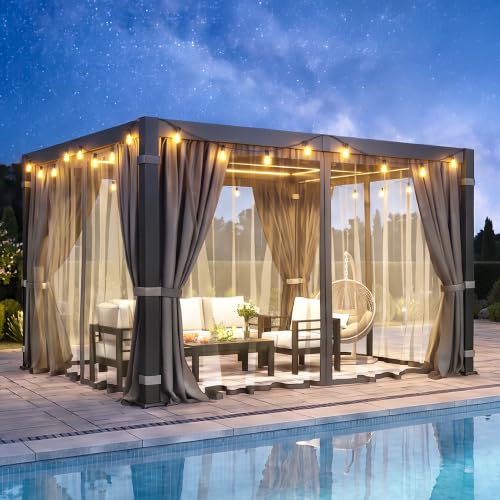 10' x 12' Pergola with Curtain & Adjustable Roof & Aluminum Frame for Patio