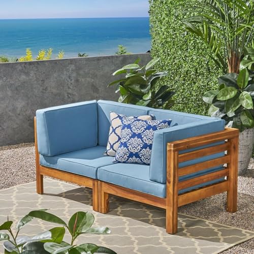Spollowe 2 Piece Love Seat Set Acacia Wood Frame with Water Resistant Cushions for Patio Garden Blue