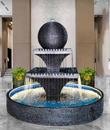 Contemporary Tiered Sphere Water Fountain with LED Lights – Large Indoor/Outdoor Decorative Water Feature for Home, Garden, or Lobby (81088)(81088+2673)
