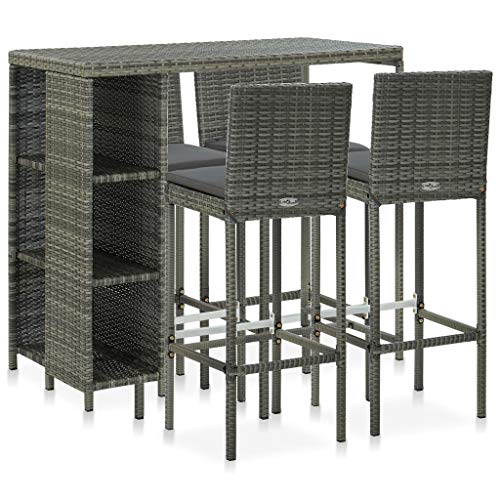 Molumvel 5 Piece Patio Bar Set with Cushions, Outdoor Poly Rattan Bar Table and 4 Stools, Garden Furniture Set, Gray