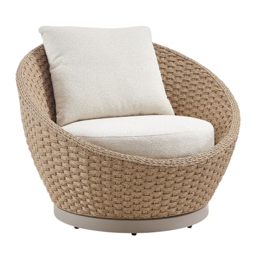 Kobalt Natural Metal Outdoor Swivel Lounge Chair with Boucle White Cushions