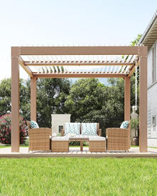 Louvered Pergola 10 ft x 10 ft, Outdoor Metal Pergola with Adjustable Roof Top, Reinforced Aluminum Frame, Integrated Drainage System, Hardtop Gazebo Shade for Backyard Patio Deck Garden, Wood Grain
