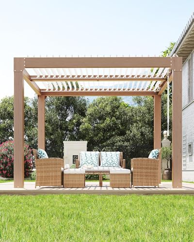 IDEALHOUSE 10x10 ft Outdoor Louvered Pergola, Wood Grain