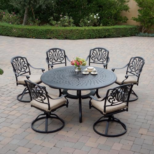 Darlee Elisabeth 7 Pc Cast Aluminum Dining Set w/ 60 Inch Round Table & Swivel Rockers in Antique Bronze/Beige Canvas