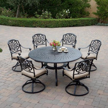 Darlee Elisabeth 7 Pc Cast Aluminum Dining Set w/ 60 Inch Round Table & Swivel Rockers in Antique Bronze/Beige Canvas