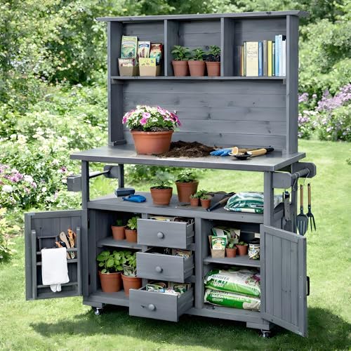Merax Potting Bench with Stainless Steel top, 65''H Outdoor Kitchen Island on Wheels with Storage-Multifunctional Kitchen Island Cart/Potting Table Workstation Benches,Gray