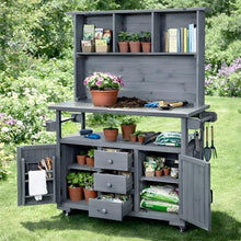GDFStudio Preden Outdoor Storage Bench Table with Cabinet, Patio Wooden Potting Bench, Garden Storage Work Bench with Stainless Steel Top, Drawers, Cabinets, Shelves and Hooks, Kitchen Island, Gray