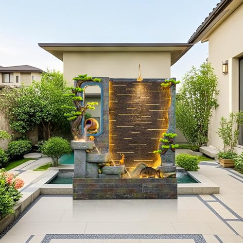 6.43ft Resin Cascading Water Fountain with LED Lights, Mist Feature & Waterwheel – Zen-Inspired Indoor Outdoor Decor with Pine Tree, Atomizer & Tiered Flow for Garden, Patio, or Living Room