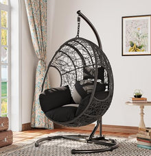 42 Inch Hanging Egg Chair with Stand, 400lb Capacity Outdoor Swing Chair with 8 Inch Thick Cushion and Waterproof Cover, Heavy Duty U-Base Hammock Chair for Patio Garden Balcony, Natural PE Rattan