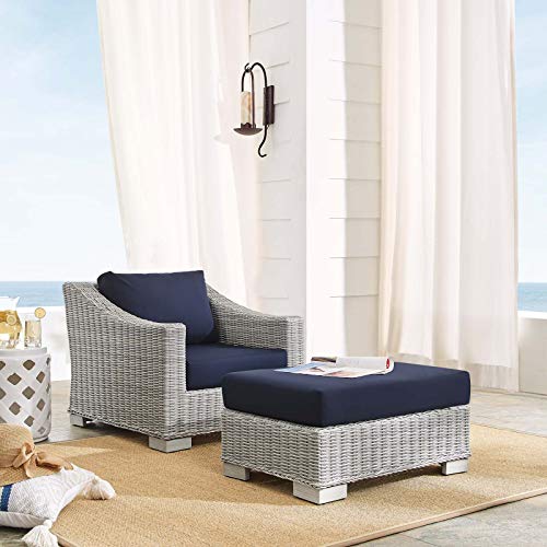 Modway Outdoor Patio Wicker Rattan 2-Piece Armchair and Ottoman Set in Light Gray Navy with Sunbrella® Cushions
