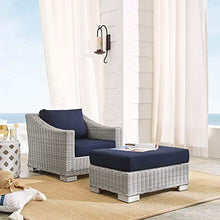 Modway Outdoor Patio Wicker Rattan 2-Piece Armchair and Ottoman Set in Light Gray Navy with Sunbrella® Cushions