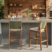 Christopher Knight Home Arly Outdoor Bar Stools Set of 2, Acacia Wood Frame Bar Stool with Cushion, Patio Outdoor Chairs Set, Island Stools with Woven Wicker Back for Balcony Garden, Green+Cream+Teak