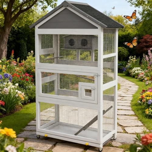 Sturdy Wooden Bird House with Natural Cedar Finish, Ventilated Design and Easy-Clean Slide-Out Tray for Backyard Songbirds (Black+Grey + Steel + Wood)