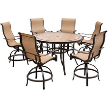 Hanover Monaco 7-Piece Outdoor Dining Set with Contoured Swivel Chairs and 56" Round Tile-Top Table Tan