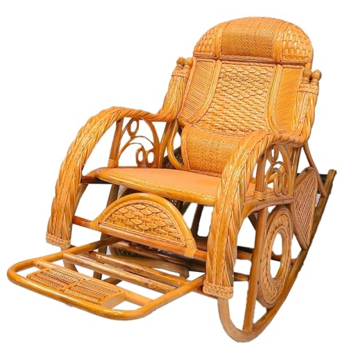 Chinese Rattan Lounge Chair, Rocking Chair for Patio, Garden Balcony Hand-Woven Rattan Chair, Let You Enjoy Relaxing(Yellow,158 * 96 * 65cm)