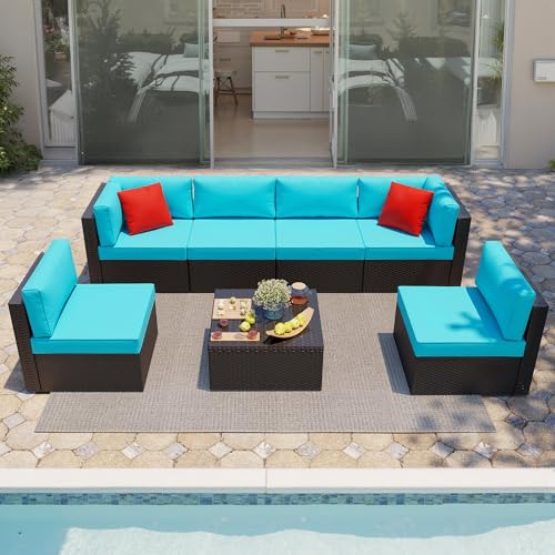 Shintenchi 7 Pieces Patio Furniture Sets Outdoor All-Weather Sectional Patio Sofa Set PE Rattan Manual Weaving Wicker Patio Conversation Set with Glass Table&Ottoman Cushion and Red Pillows, Blue
