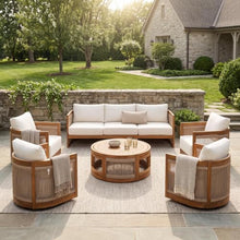 Christopher Knight Home Ayla 7-Seater Patio Furniture Set with Coffee Table, Set of 4 Outdoor Swivel Accent Chair and Sofa Set, 6 Piece Outdoor Acacia Wood Conversation Set with Cushion, Teak+Beige