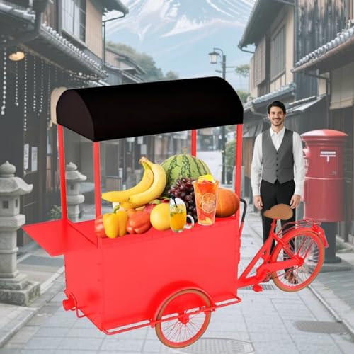 Large Food Bike Cart with Reverse-Facing Seats,Trailer Food Vending Carts with Vending Tricycle, Food Drinks Display Bicycle Cart for Patio Garden, Weddings Party,Red