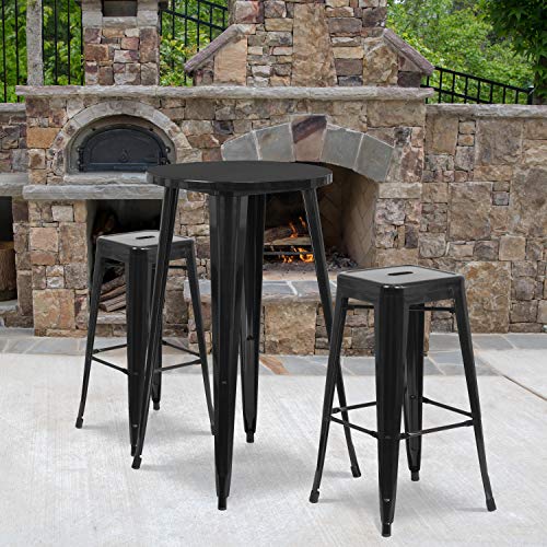 BizChair Commercial 24" Round Black Metal Bar Table Set-2 Square Seat Backless Stools