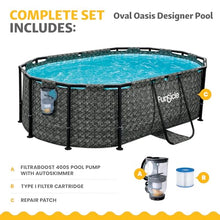 Funsicle Oval Oasis Designer 9' 10" x 6' 7" x 33" Above Ground Swimming Pool, with FiltraBoost 400 GPH Filter Pump with AutoSkimmer, Type I Filter Cartridge & Repair Patch, Dark Herringbone