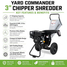 Yard Commander 3-Inch Wood Chipper Shredder, 212cc 6.5 HP OHV Engine, 20:1 Reduction Ratio, 2-Year Limited Warranty, Heat-Treated Steel Blades, 13-Inch Pneumatic Tires