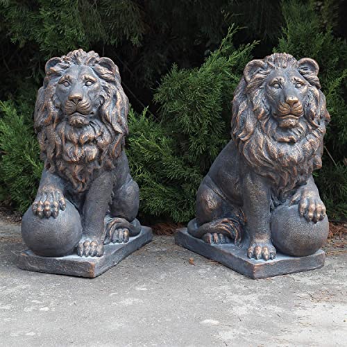 Zaer Ltd. Magnesium Pair of Lion Statues (Outdoor Safe) (27" Tall w/Ball (Set of 2), Aged Bronze (Painted))