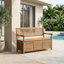 Outdoor Escape Brown Storage Bench with Acacia Wood, Galvanized Steel Hardware, Oil Finish, 50 Inches Wide, Durable and Weather-Resistant Outdoor Furniture