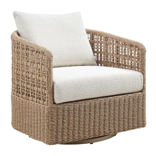 Armen Living Driftbay Natural Metal Outdoor Swivel Lounge Chair with Boucle White Cushions