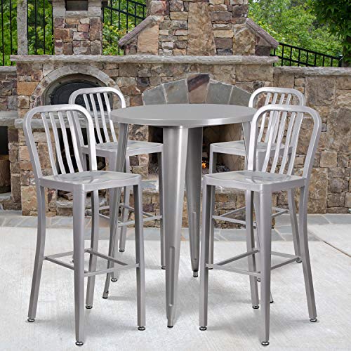 BizChair Commercial 30" Round Silver Metal Bar Table Set-4 Vertical Slat Back Stools