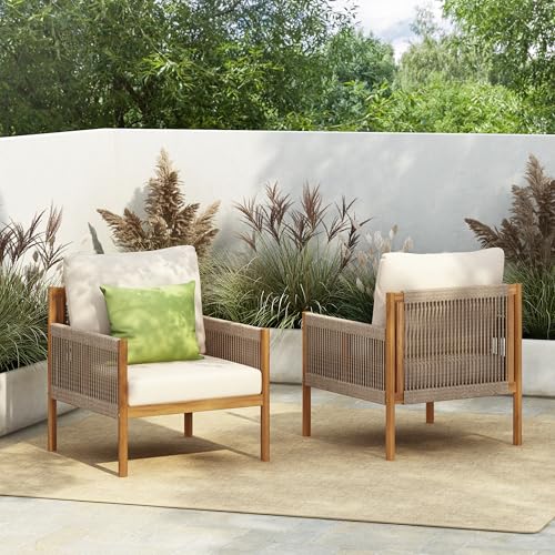 Christopher Knight Home Barris Lounge Chair Outdoor Set of 2, Patio Accent Chair, Comfy Reading Extra Seat, Wooden Frame+Rope Woven+Removable Cushion, for Garden/Backyard/Balcony/Poolside,Teak+Beige