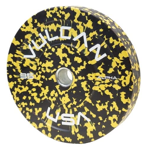 VULCAN 230 lb Alpha Bumper Plate Set Blue Fleck Yellow Fleck Green Fleck Grey Fleck