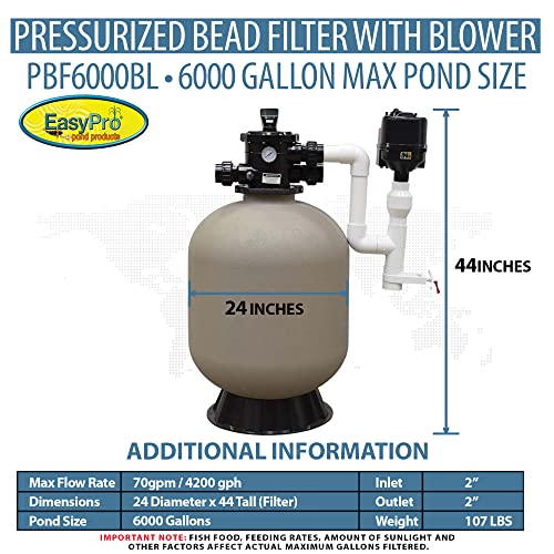 EasyPro Pond Products Pressurized Bead Filter with Blower 6000 Gallon Max