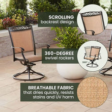 Hanover Fontana 5-Piece Patio Dining Set with Tan Sling Swivel Rocker Chairs and 48" Round Table