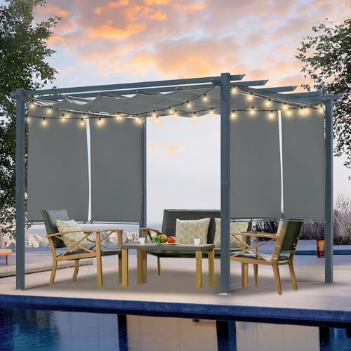 Masyardi 10 x 10 Ft Outdoor Aluminum Pergola, Retractable Canopy & 2 Sides Shades for Patio Backyard Garden Deck