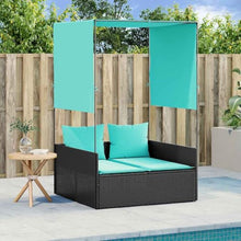 RJPLMFV Double Sun Lounger with Roof and Curtains Black Poly Rattan