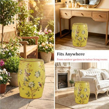 Labasuan Yellow Ceramic Garden Stool, Round Decorative Side Table with Floral Bird Design, Hand-Painted, Waterproof Durable Plant Stand & Extra Seating, for Indoor Outdoor Patio, Living Room