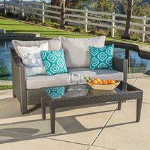 GDFStudio Outdoor Wicker Loveseat & Table Water Resistant Fabric Cushions (Grey/Silver)
