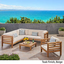 GDFStudio Outdoor 6 Seater Acacia Wood Sectional Sofa and Club Chair Set, Teak Finish & Beige